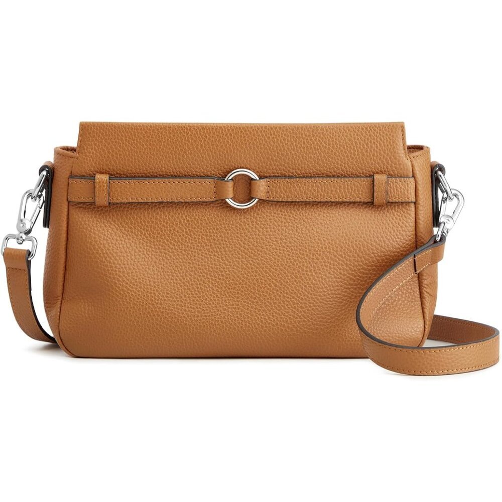Women’s Brown Top Grain Pebbled Leather Crossbody Bag with Multi-Compartment and